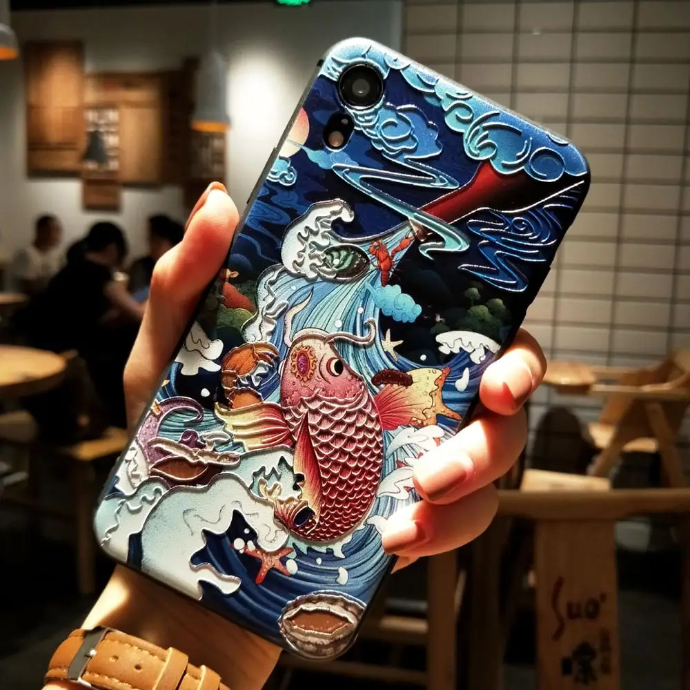 Чехол для iPhone 11 Pro Max XS XR X 8 7 Plus 6 6S рельефный мягкий чехол с объемным рисунком карпа