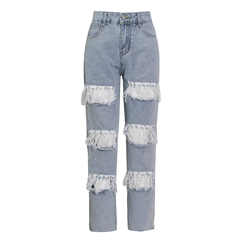 Summer street straight pants 2021 summer new light color cotton blue mid waist jeans