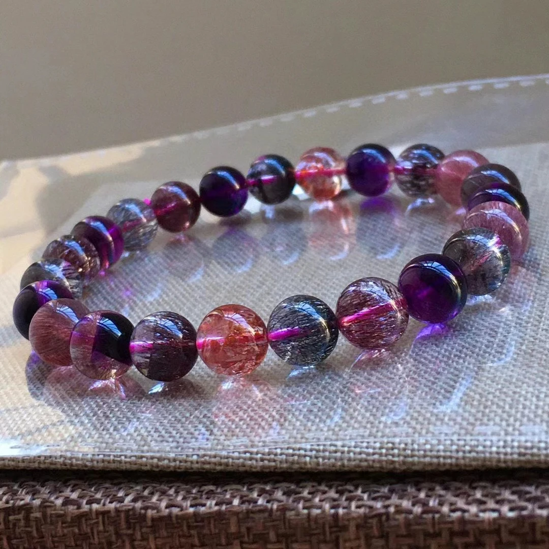 

Genuine Natural Colorful Super Seven 7 Red Lepidocrocite Clear Round Beads Rutilated Quartz Bracelet 8mm Crystal Women AAAAAA