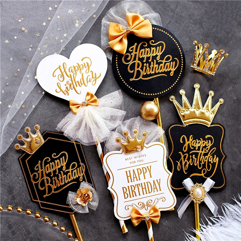 

Delicate Black White Royal Style Happy Birthday Cake Topper for Party Decoration Baking Supplies Love Gifts