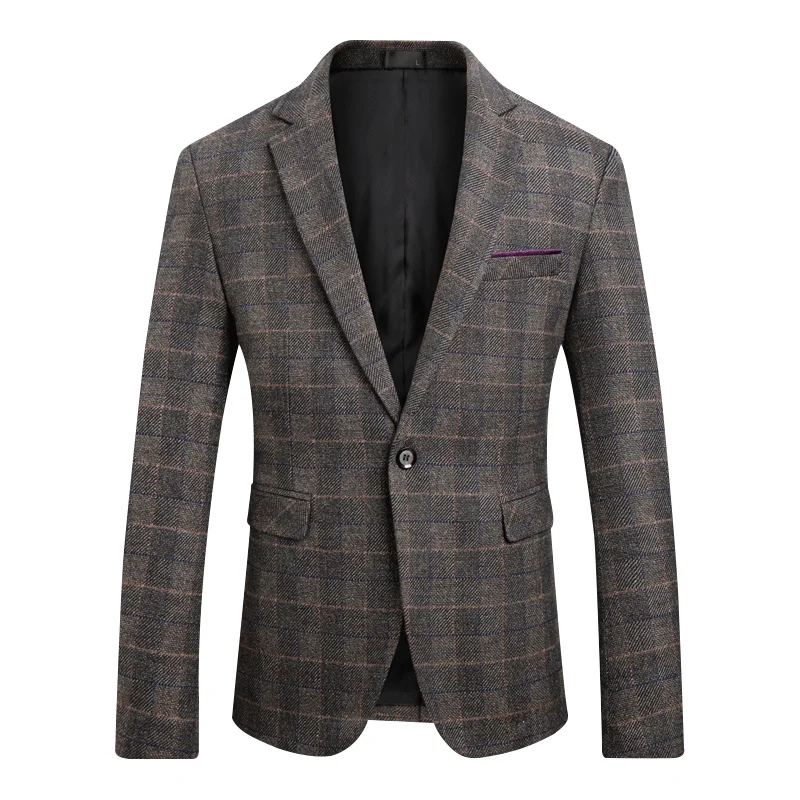 

New Brand Men's Plaid Wool Blazer Slim Korean Men's Designer Striped Suit Jacket Casual Business Social Men's Suit Jacket Size
