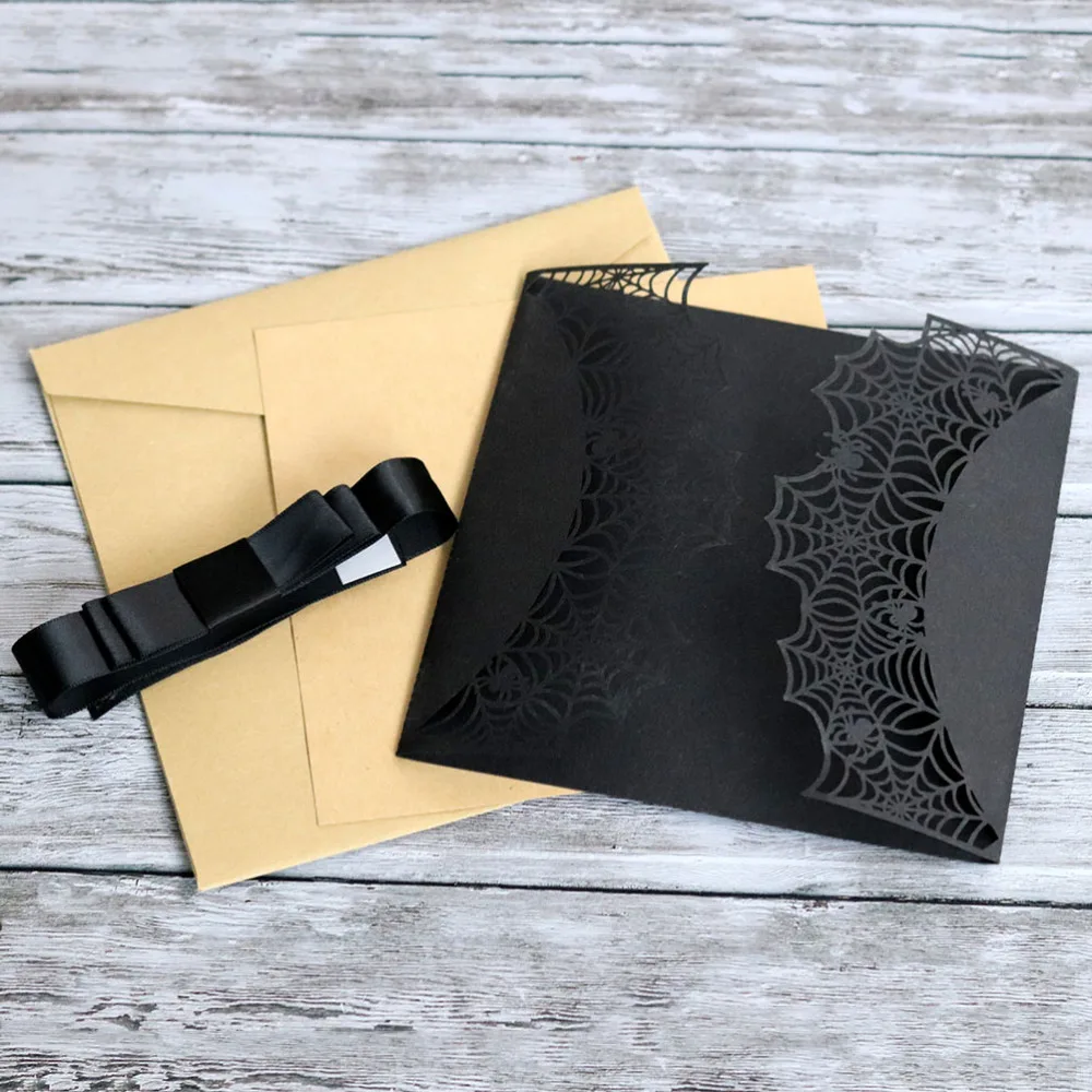 

10pcs Creative Cut Invitations Hollow Horror Party Invitations Cards Spiderweb Design Cards with Bowknots (Black)