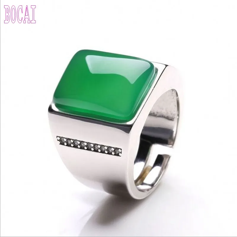 Мужское серебряное кольцо S925 пробы с натуральным зеленым камнем императорское
