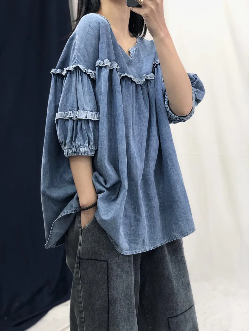 Женские топы больших размеров летние весенние мягкие хлопковые джинсовые