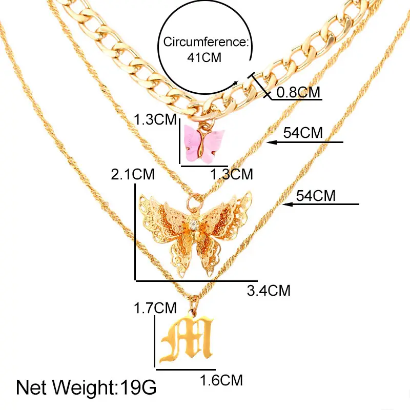 

Free Shipping Multilayer Cute Butterfly Necklace Neck Chains Boho Gold Color Letter Chunky Chain Necklaces Trendy Jewelry Gifts