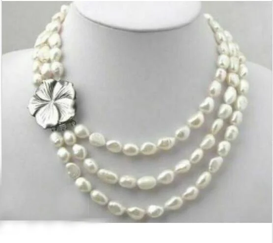 

3 Rows 9x10mm white baroque pearl necklace flower clasp natural Freshwater PEARL Women Jewelry 35cm 43cm 15'' 17''