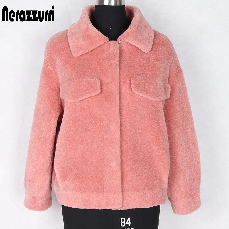 

Nerazzurri Winter real fur coat women Short sheep wool jackets Genuine lamb shearling coats fluffy jacket Fur jackets for women