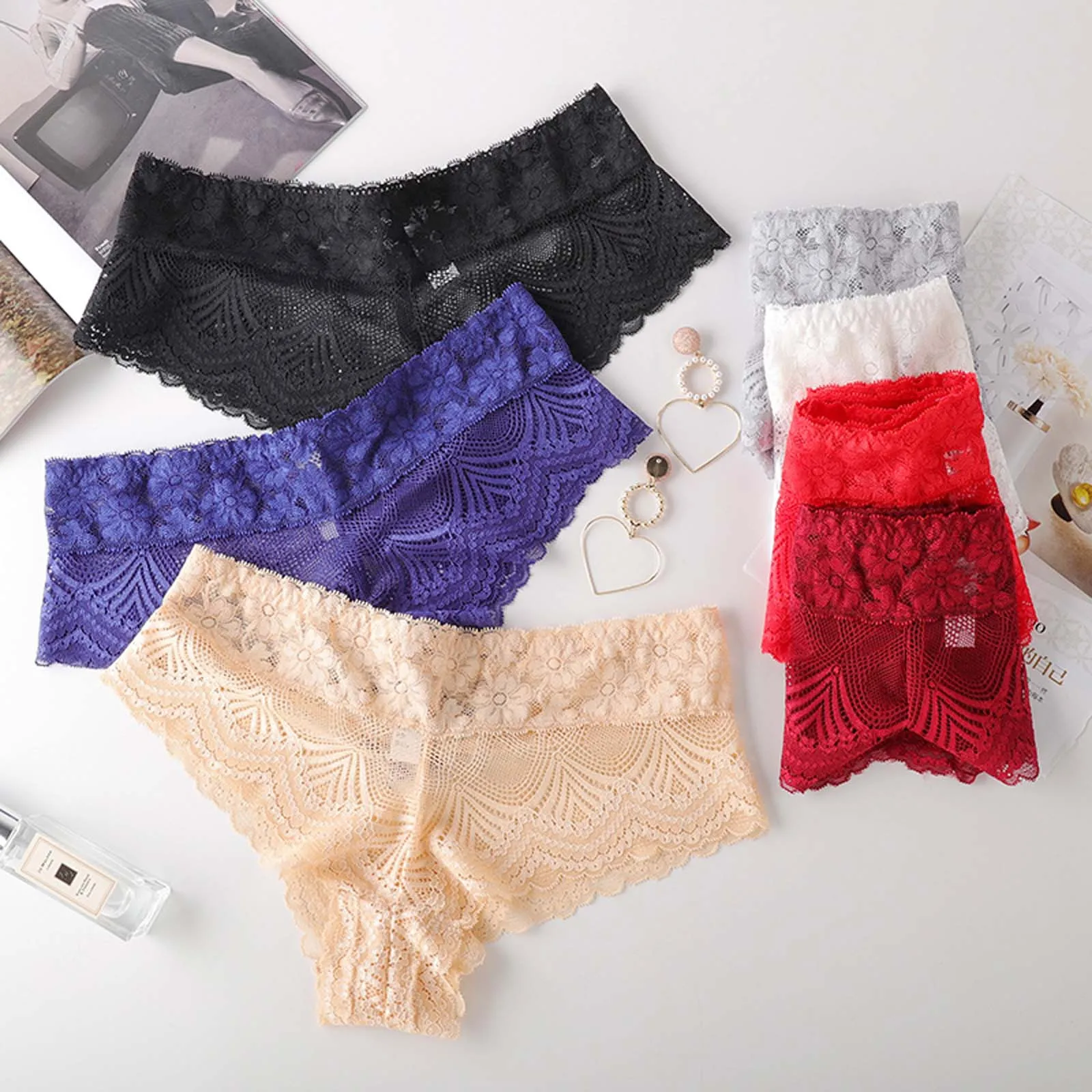 

Women Simple Solid Color Intimate Pants Thin As A Cicada-Wing Mesh Breathable Sexy Lace Low-Waist Cross-Belt Ladies Panties