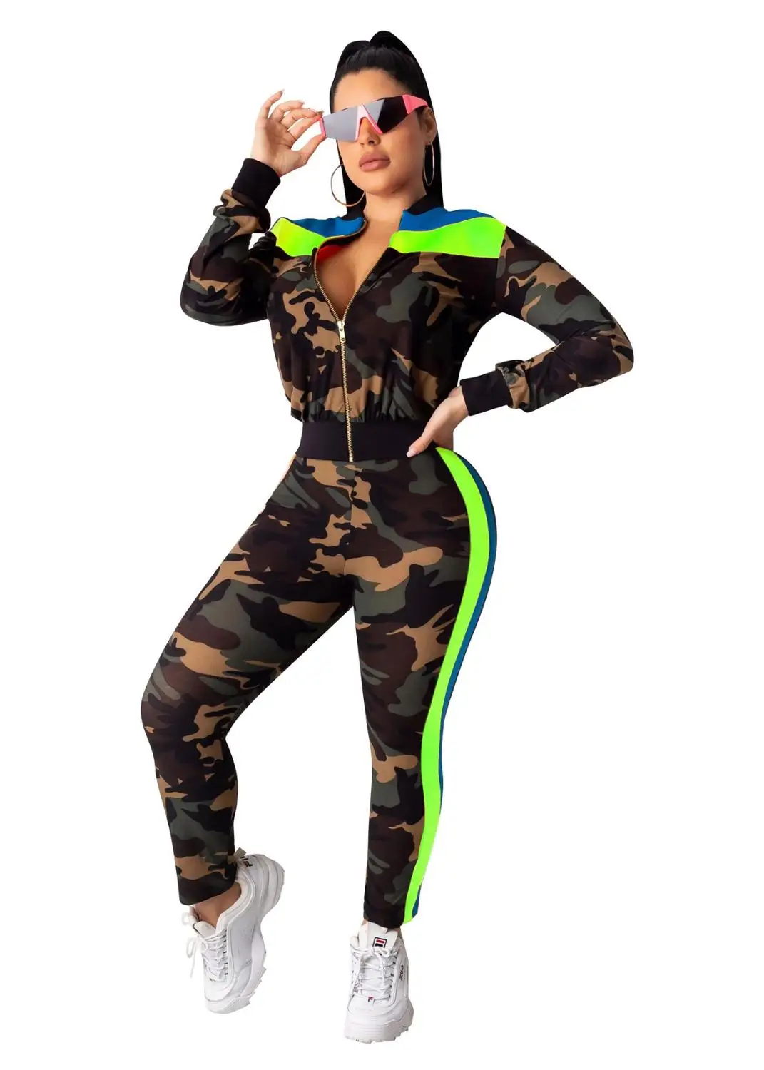 Камуфляжный женский спортивный костюм с цветным блоком повседневный топ-пальто