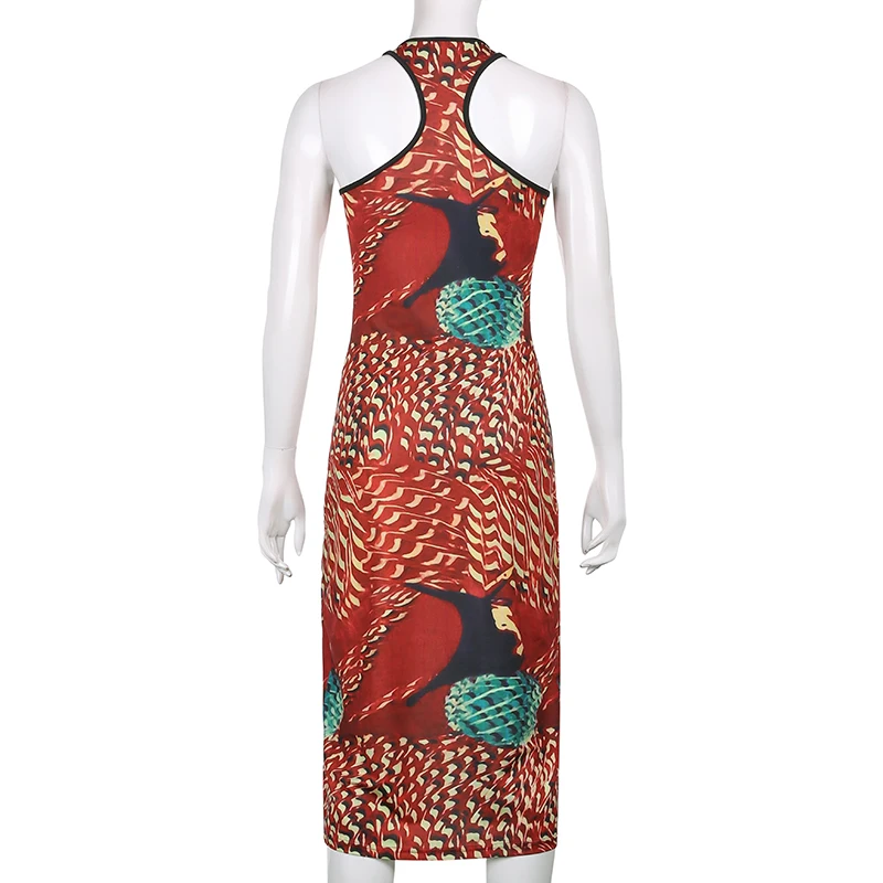 CIBBAR Vintage Print Zipper Skinny Maxi Dress Women O Neck Sleeveless Hollow Out New Fashion Elegant Partywear Bodycon Dresses