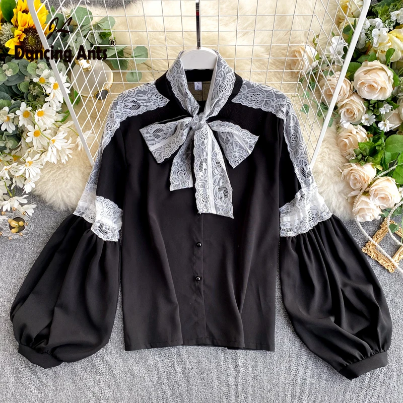 Женская кружевная рубашка с бантом одежда пышными рукавами тренд 2020 лоскутные