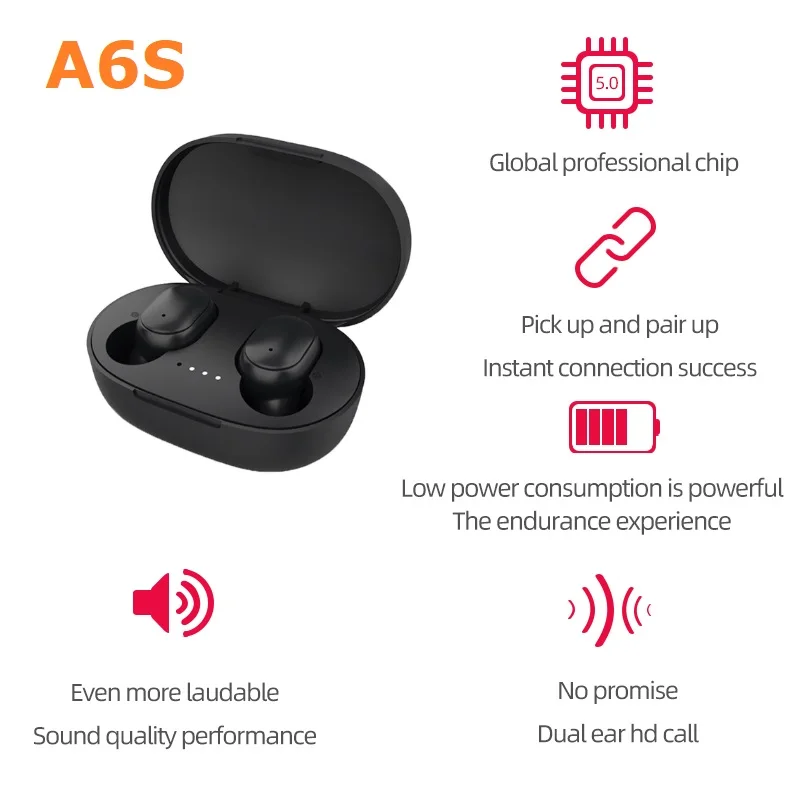 

TWS A6S Wireless Bluetooth 5.0 Earphone TWS For Huawei SamgSung Phone Airdots Headsets Noise Cancelling Earbuds for Xiaomi Redmi