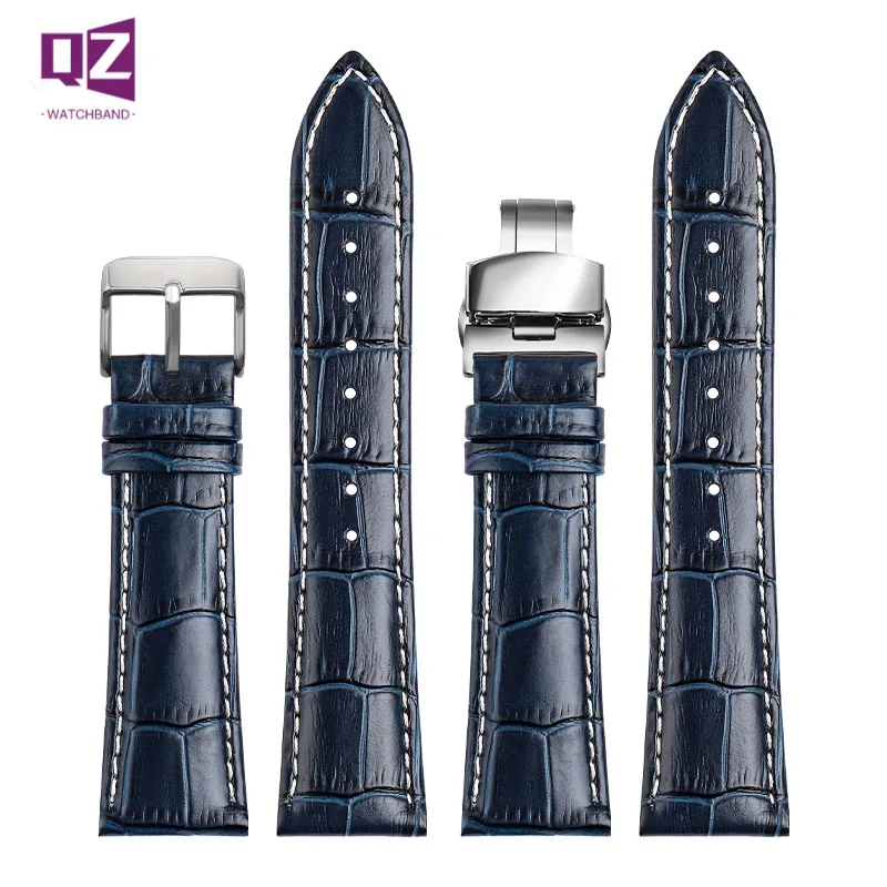 COW LEATHER Watch Strap 19 20mm 21 22mm watchband for Longines citizen watch band blue White stitche Genuine leather bracelet