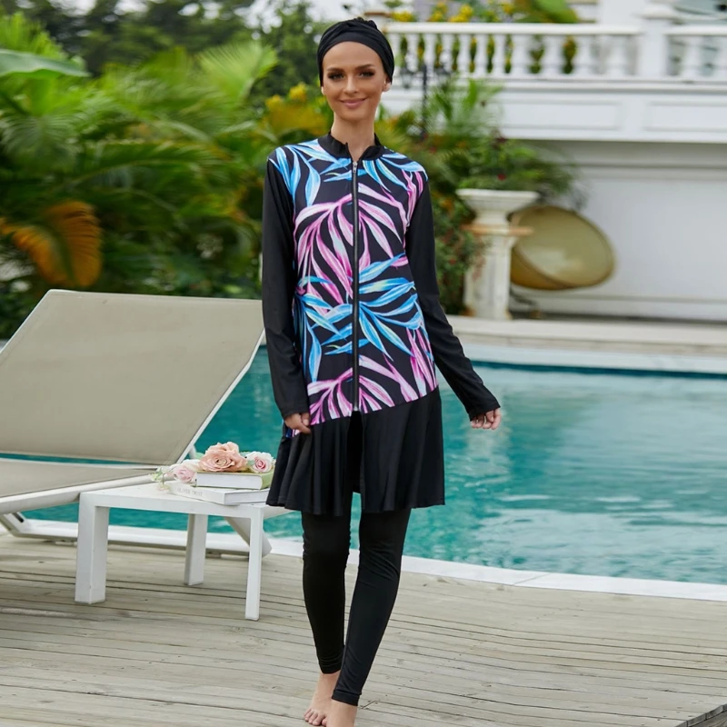 

Womens Islamic 3pcs Burkini with Hijab Long Sleeve Zip Up Modest Swimsuit Muslim Leaves Full Coverage Bathing Beachwear