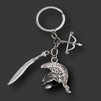 1pc silver color cold weapon ares helmet machete bow charm keychain diy creative handmade metal key chain a1247