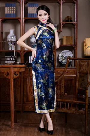 Сатин с воротником Мандарин женское платье-Ципао без рукавов Сексуальная Qipao для