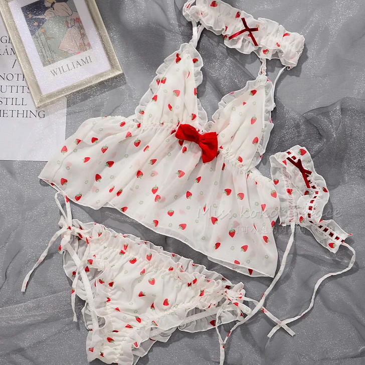 

Strawberry Print Nightwear Maid Costume Pajamas Set Sexy Lingerie Lace Sleeveless Erotic Sleepwear Maid Outfit Erotic Lingerie