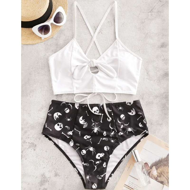 Бикини с высокой талией женский купальник цветочным принтом и черепом пуш-ап
