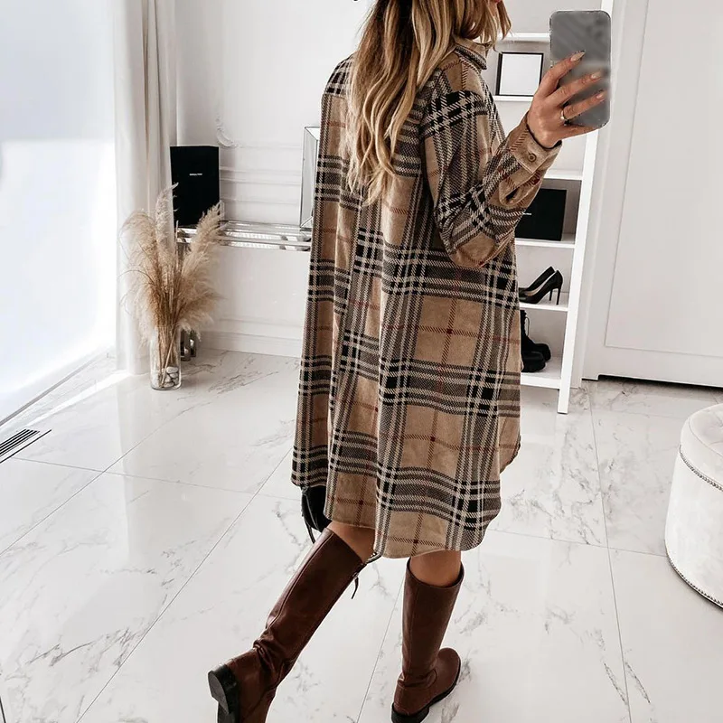 

Autumn Plaid Printed Women's Mini Dress Long Sleeve Turn-Down Collar Button Female Dresses Streetwear Casual Loose Lady Clothes