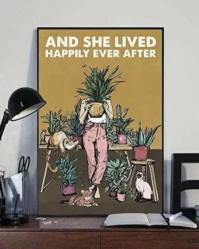

Cat Poster Print Love Gardening Metal Sign Cat Metal Sign Girl and Cat in The Garden Metal Sign and She Lived Happily Ever After