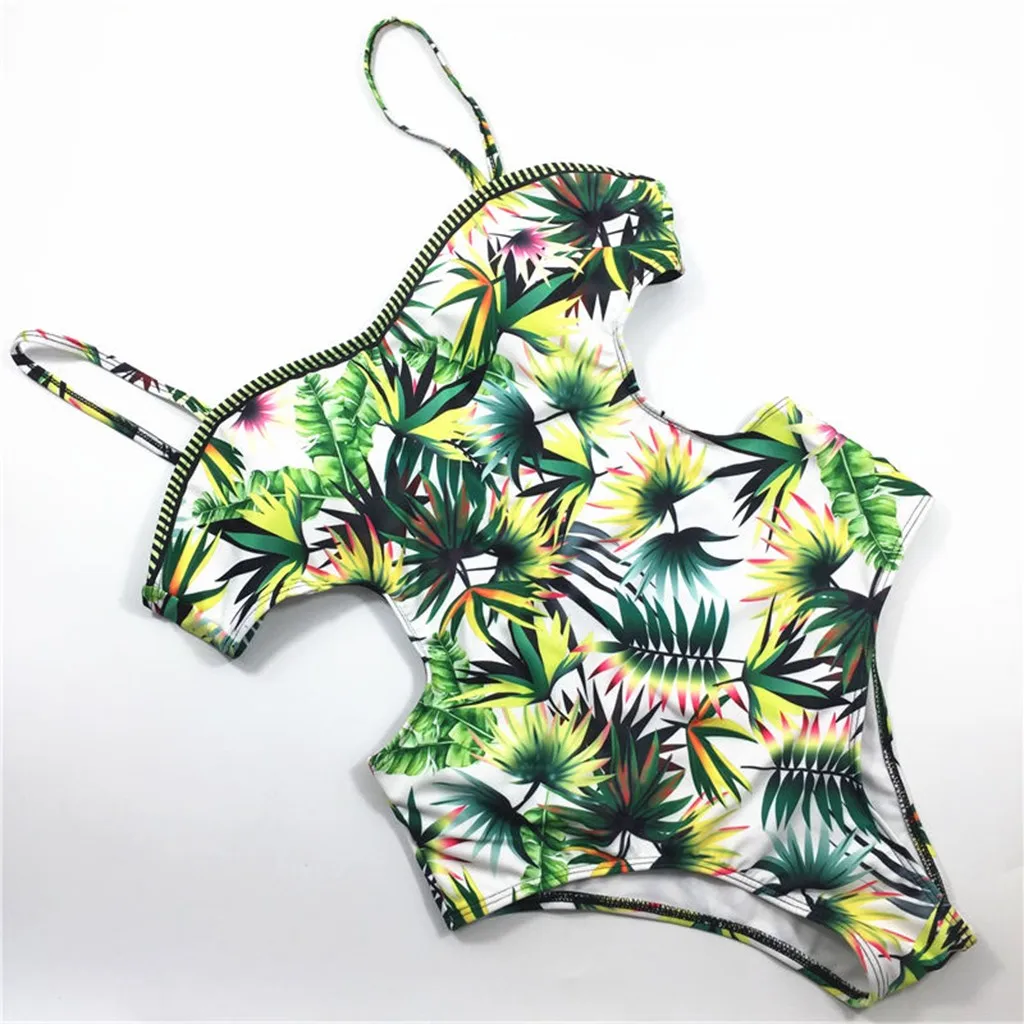 Women's Print leaf halter New Bikini 1Piece Flower off-shoulder Sexy Swimsuit Fashiona Push-Up Pad bra купальник |