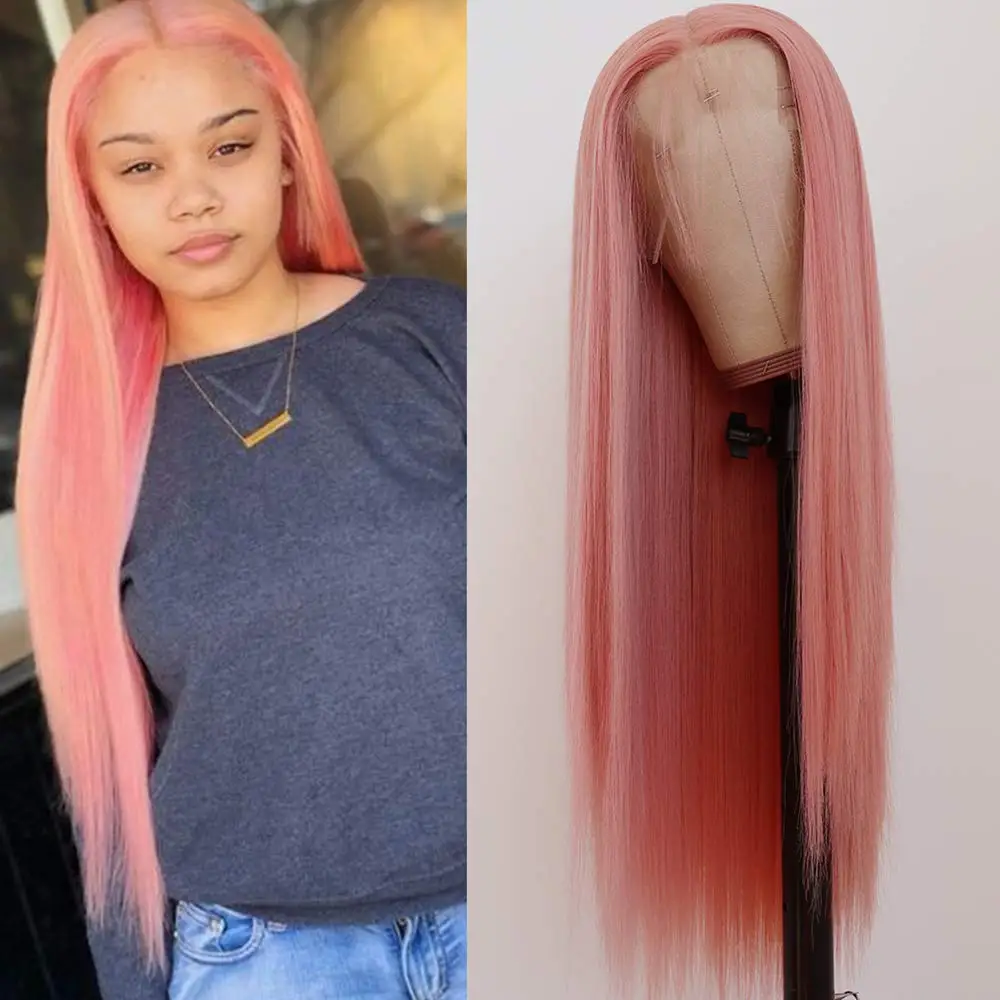 

DLME Pink Straight Lace Front Wig For Black Women Heat Resistant Hair Long Pink Lace Frontal Wig