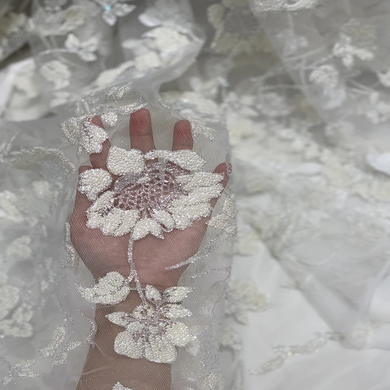 

White/Champagne/Pink/Rose Gold African Wedding Tulle Floral Mesh Luxury French Flower Beaded Lace Fabric with Sequins Pearls New
