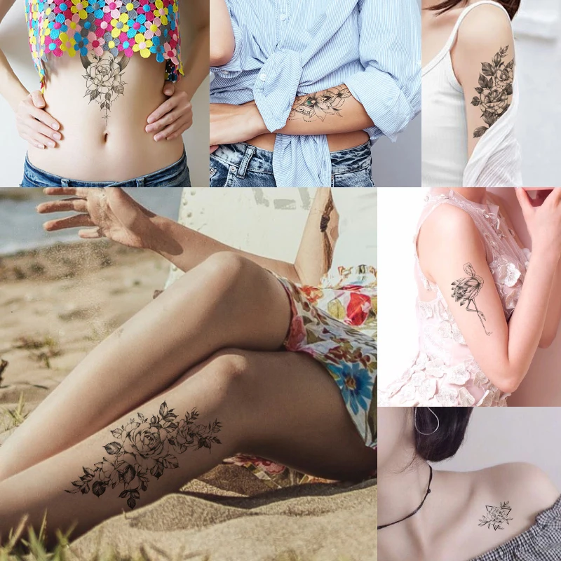 Сексуальная женщина цветок розы татуировки наклейки поддельные черный белый