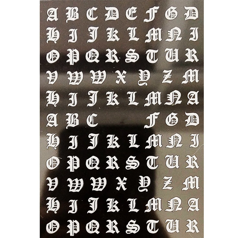 5 Sheets/Set Holographic Rose Gold Silver Laser Retro English Letter 3D Nail Art Sticker Black Text Tag Adhesive Decals TY5 |