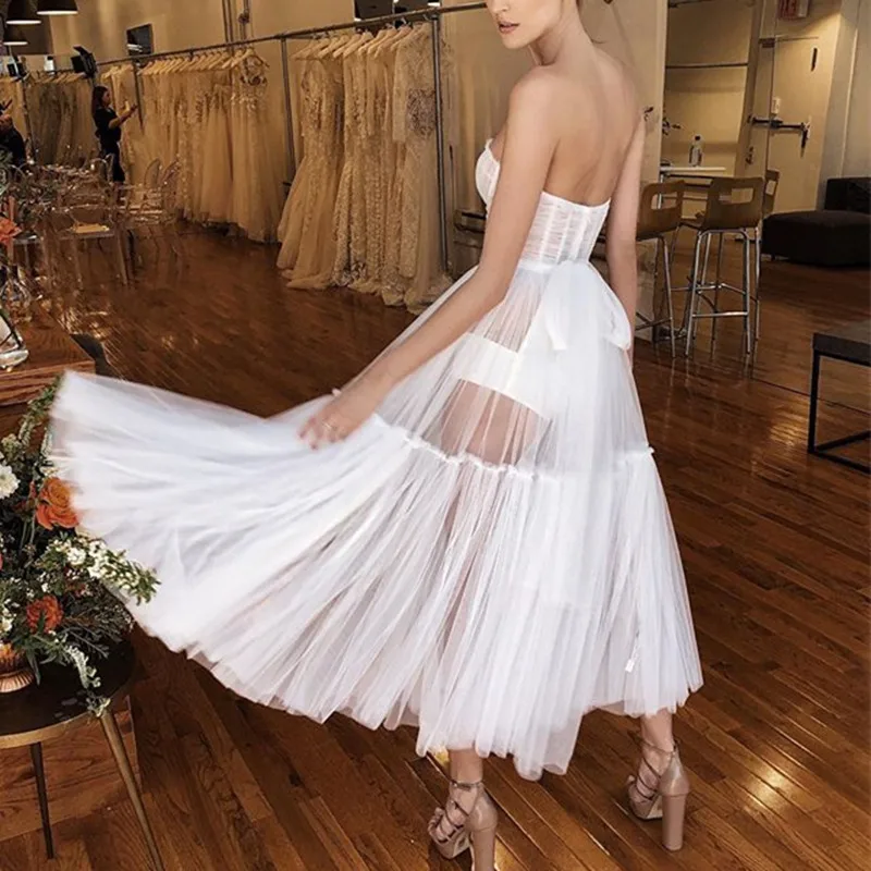 Белое вечернее платье с оборками Сетчатое сексуальное без бретелек женское