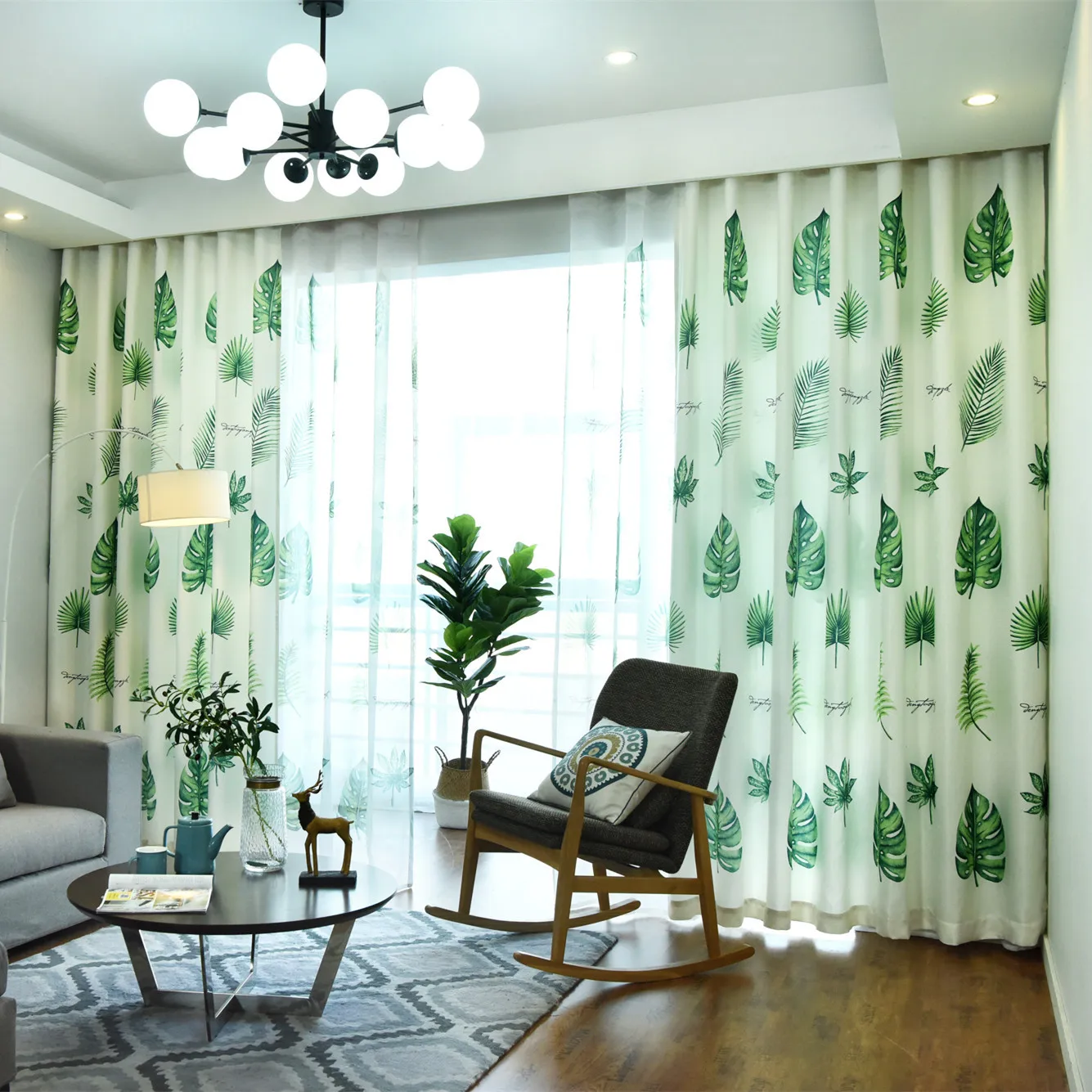

RZCortinas Curtains for Living Room Bedroom Modern Fashion Curtain Monstera Leaf Printed Tulle Curtain Green Plant Drapes