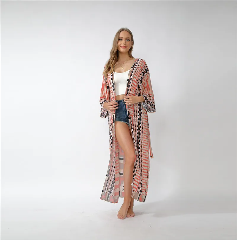 

Hot Summer 2021 Women Geormetric Pattern Kimono Swim Cover-Up Female Beach Boho Cardigan Bathing Beach Bikini Cover Up Outfits