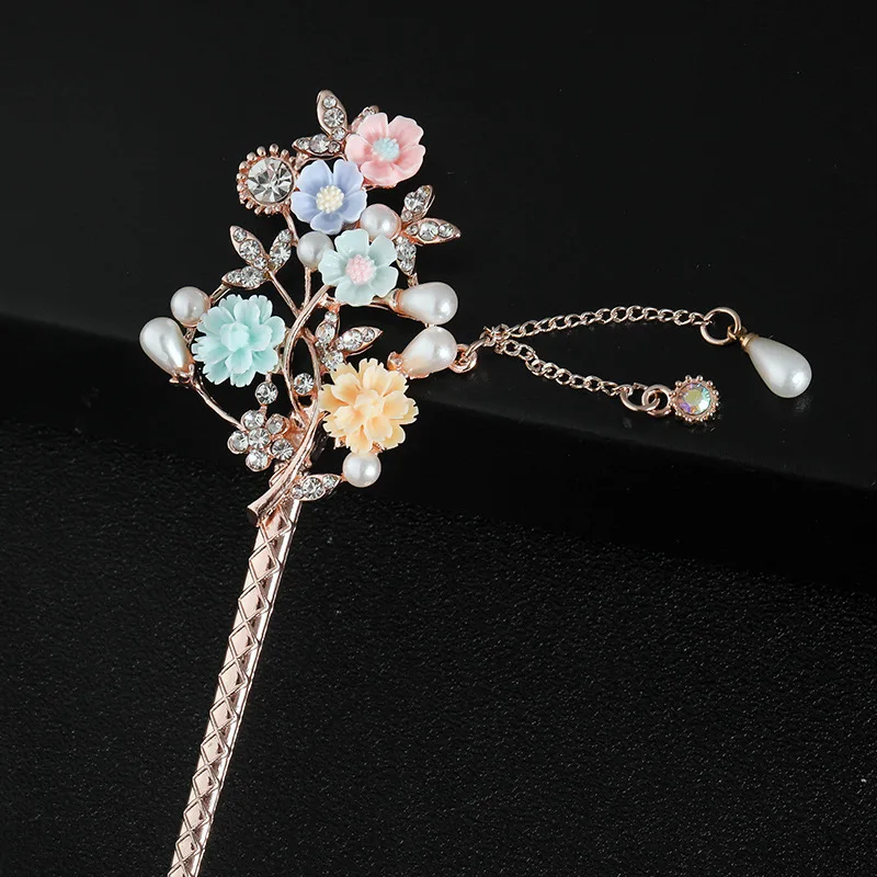 

Vintage Chinese Style Hair Stick Metal Rhinestone Chopsticks Women Tassel Pearl Flower Hairpin Hair Clip Pin Jewelry Accessories