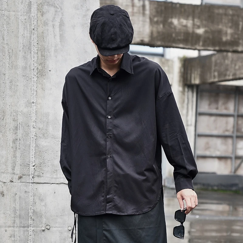 Men's Long Sleeve Shirt Spring And Autumn New Dark Personality Before Short After Long Lacing Design Casual Large Size Shirt