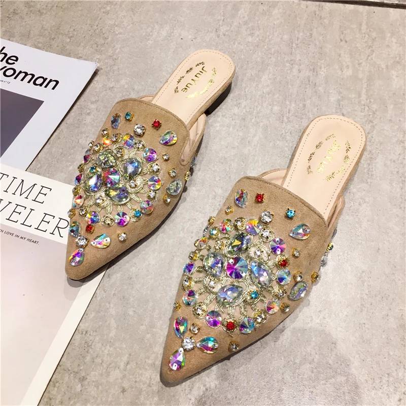 3Beige Модные шлепанцы без задника; женская обувь на плоской подошве; яркие стразы; женские летние Лоферы без шнуровки; Женская Роскошная Брендовая обувь - Цвет: 3Beige