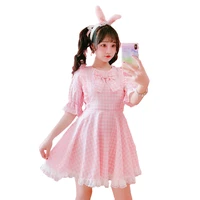 2020 summer lolita soft girl cute kawaii dress sweet lace short sleeve plaid vintage dresses women princess ruffles pink dresses