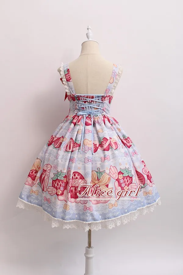 Крем и клубника~ сладкий Лолита печатных JSK платье w. Значок от Alice Girl~ предварительный заказ