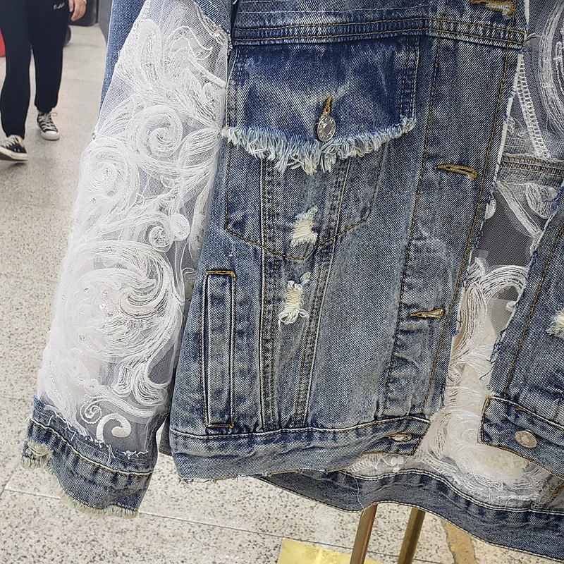 Cakucool Denim jacket Autumn vintage ethnic mesh embroidery holes loose coat fairy chic Outerwear jaqueta fashion women 2020 | Женская