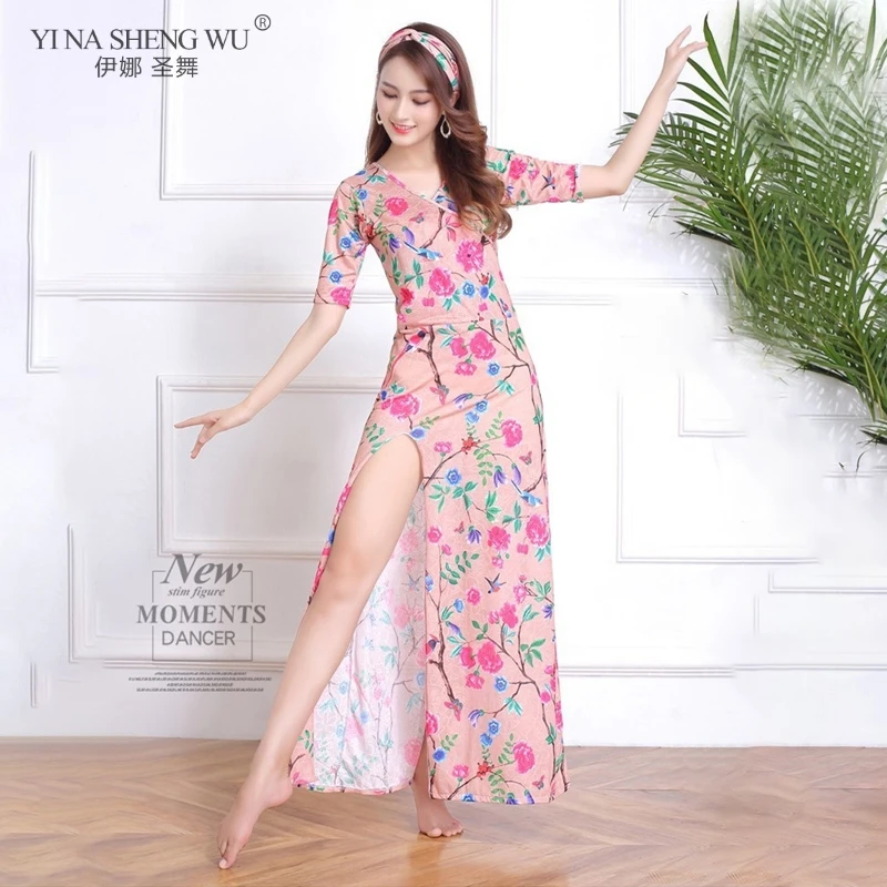 

Dance Practice Print V-neck Sexy Dress Women Belly Dance Costume Skirt Adult Outfit Short Sleeves Side Split Performance Dresses