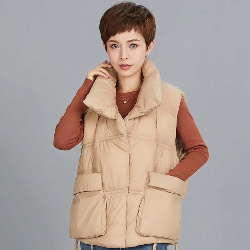 

2021 New Women Winter Vest with Big Pockets Solid Stand Collar Sleeveless Jacket Woman Cotton Padded Casual Female Waistcoat