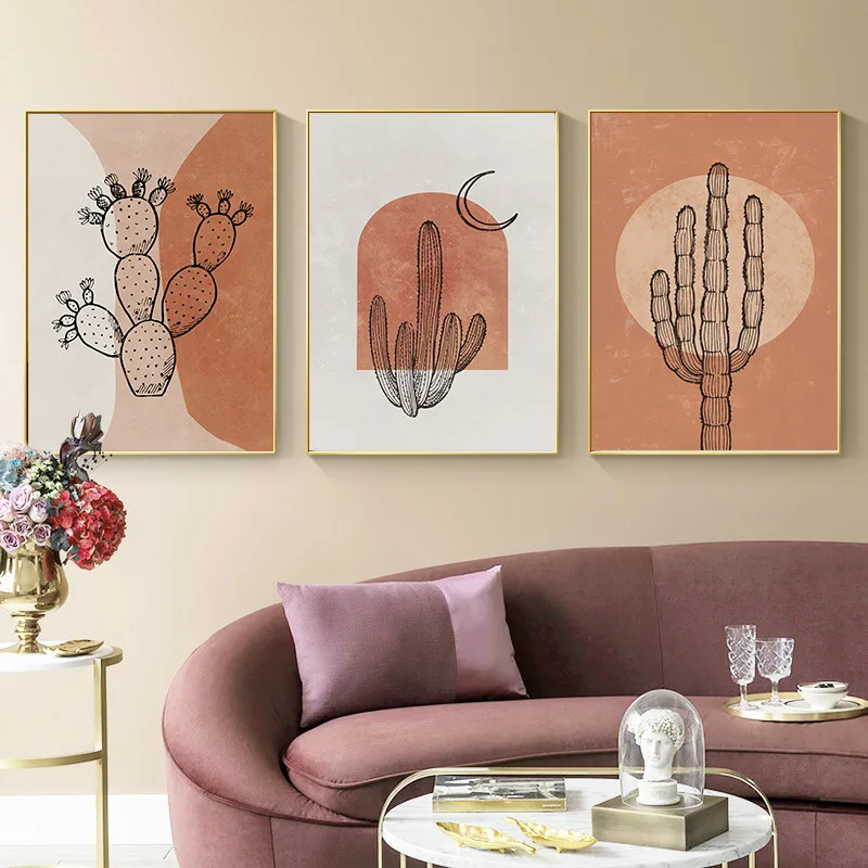 

Nordic Abstract Geometric Sun Moon Decorative Painting Orange Cactus Poster Home Art Poster and Painted Living Room Decor Photo