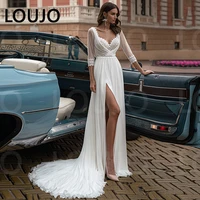 luojo boho chiffon lace wedding dress cut slit v neck 34 long sleeves backless bridal gowns elegant bohemian bride dresses
