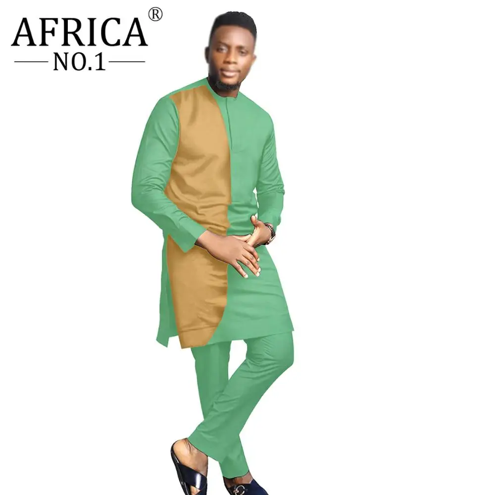 2021 Spring African Men Hippie Clothing Summer Bicolor Loose Long Sleeve Casual Contracted Design Set Shirt 2 Piece Outfit