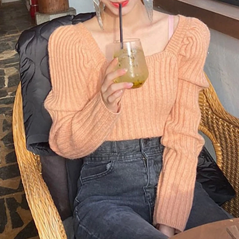 RealShe Sweater Woman Pullover 2020 Square Collar Long Puff Sleeve Solid Knitted Women Spring Casual Elegant Sweaters | Женская одежда