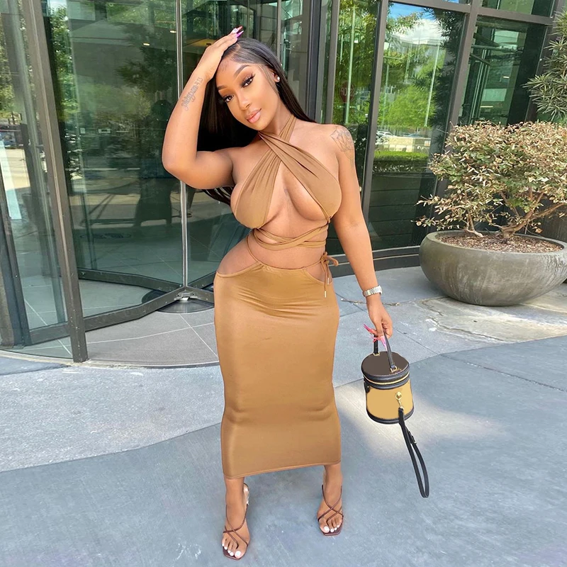 

hirigin Sexy Women Dress Halter Cross Bandage Corset Tops Maxi Skirt 2pcs Summer Female Clothes Hollow Out Party Nightclub Suits