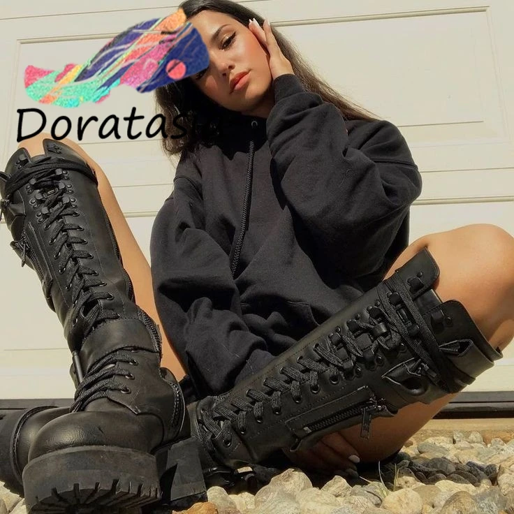 

DORATASIA Big Size 34-45 Women Cool Punk Gothic Mid Calf Shoes Chunky Thick Bottom Platform Boots Women Pocket Combat Boots