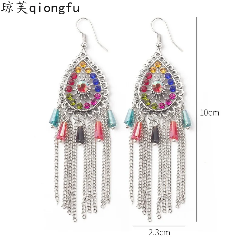 

The new 2021 585 Exaggerated Hollow Set Diamond Drop Coloured Glass Chain Fringe earrings Bohemian Luxury Diamond Pendant
