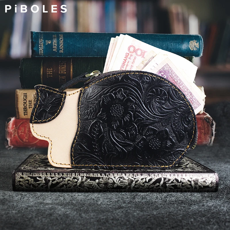 Cute Cat Women Wallet Handmade Genuine Leather Card Holder Pocket Portable Storage ID Card Slot Female Coin Purse With Zipper