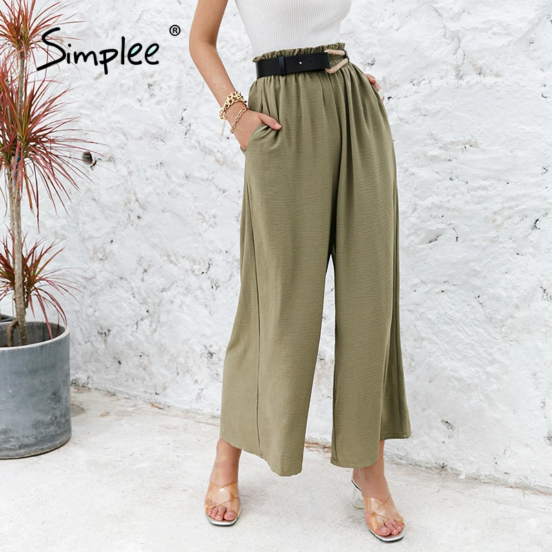 Simplee Solid color high waist wide leg pants women Loose casual summer trousers Classic ruffled soft long female bottoms | Женская