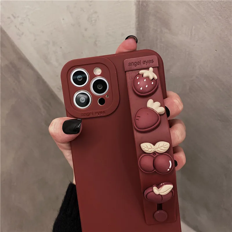 3D винно-красный чехол с ремешком на запястье для iPhone 13 Pro Max 12 11 XR X XS 7 8 Plus SE 2020